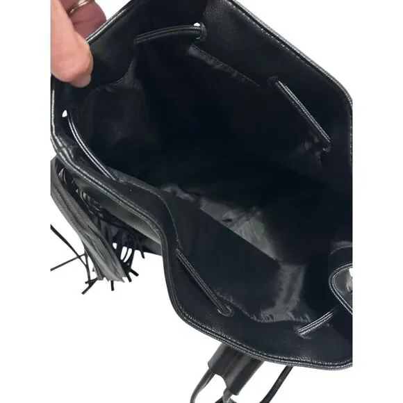 Victoria’s Secret Black Drawstring Fringed Backback Tote Faux Leather NWOT - Picture 8 of 11